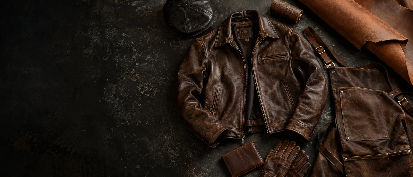 Distressed brown leather biker jacket on a ghost mannequin — studio photograph of a jacket manufactured in Sialkot, Pakistan