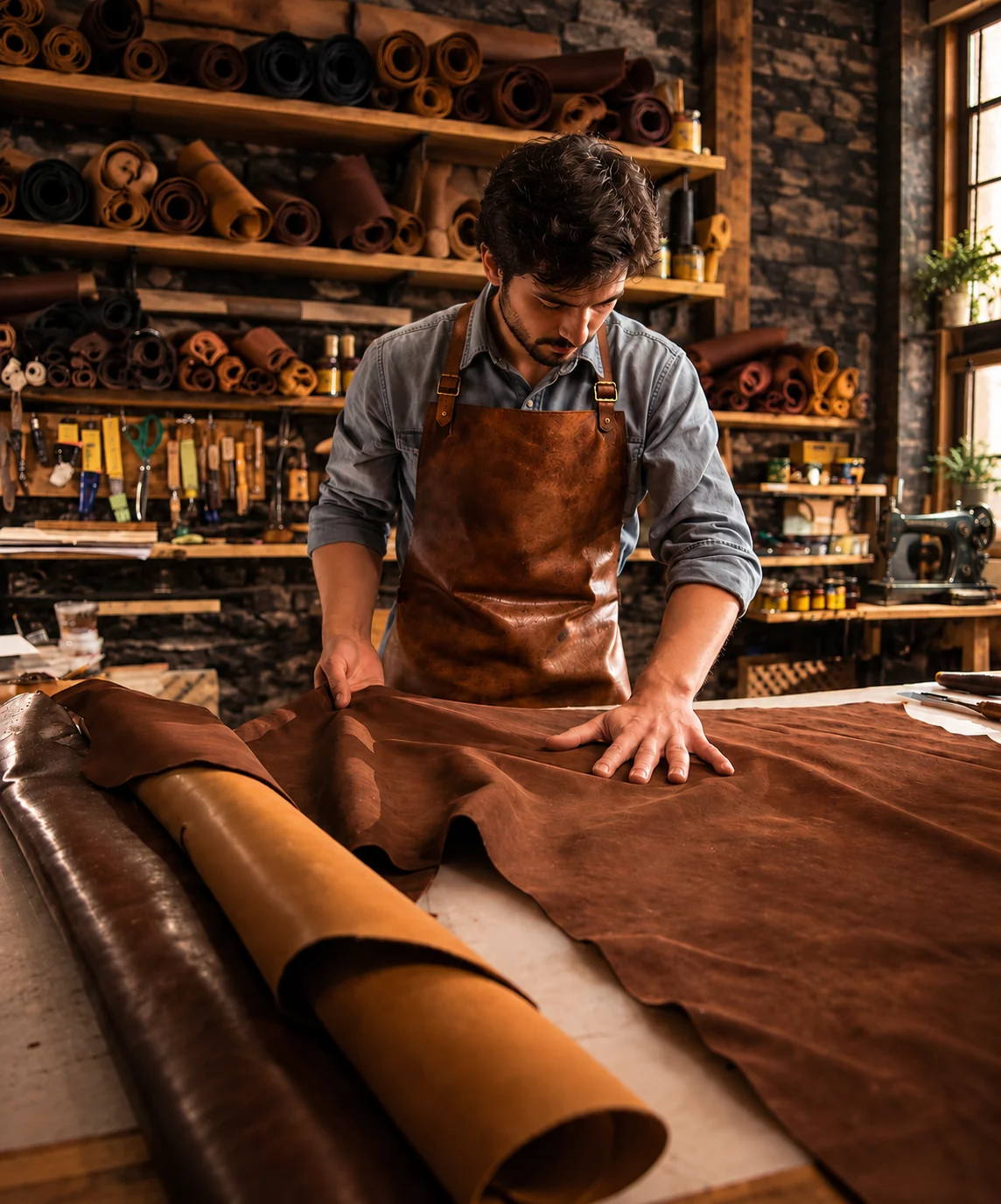 Master craftsman in leather workshop inspecting hide on workbench — Aly Leather Co., Sialkot