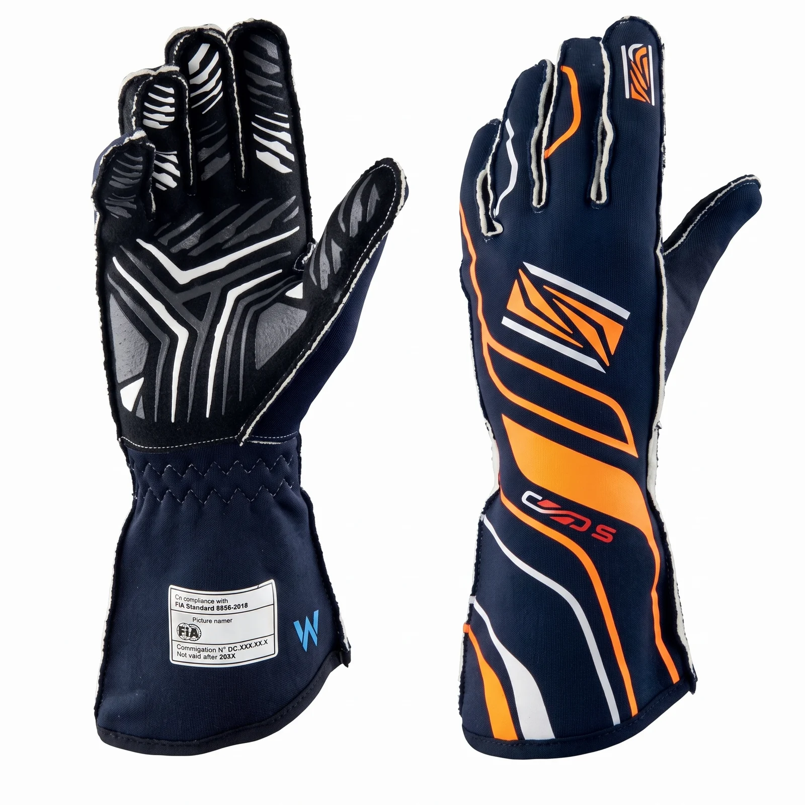 Navy and Orange Racing Gloves manufactured by Aly Leather Co., Sialkot